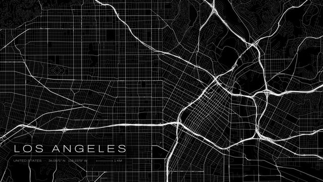 Los Angeles, United States minimalist black and white street map with city name, road network poster background