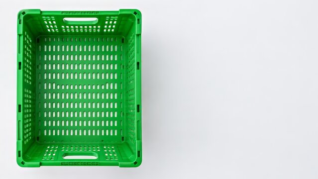 empty green plastic shopping basket with ventilated sides on a clean white background and generous copy space, illustrating grocery affordability, budget shopping and mindful spending