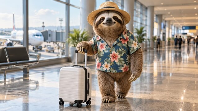 A friendly sloth tourist in a straw hat and tropical floral shirt stands with a white rolling suitcase at an airport, symbolizing slow tourism, intentional journeys, and a calm approach to vacation.