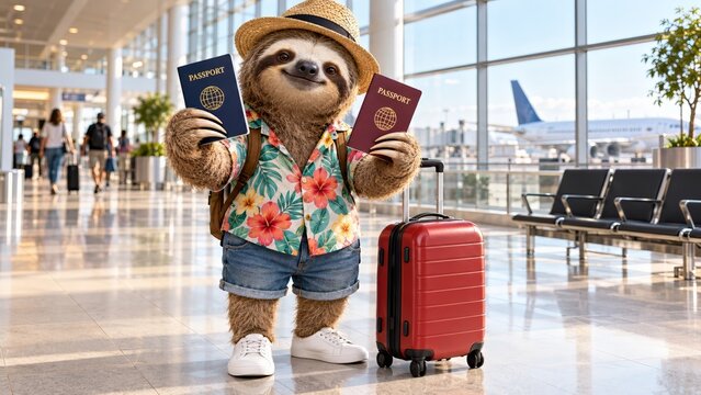 A smiling sloth traveler in a Hawaiian shirt and straw hat holds two passports by a red suitcase at an airport terminal, representing international travel, slow tourism, and relaxed vacation planning.
