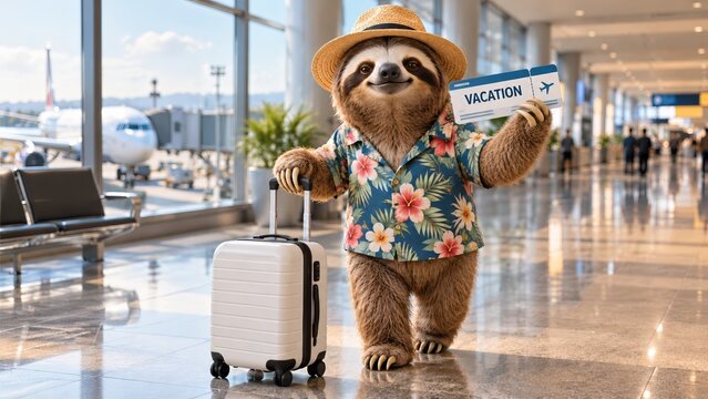 A smiling sloth tourist in a tropical shirt and straw hat displays a vacation boarding pass beside a white suitcase in a bright airport terminal, expressing slow travel and an easygoing holiday mood.