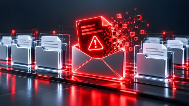 Phishing email warning alert with red envelope and corrupted document icon among digital storage folders