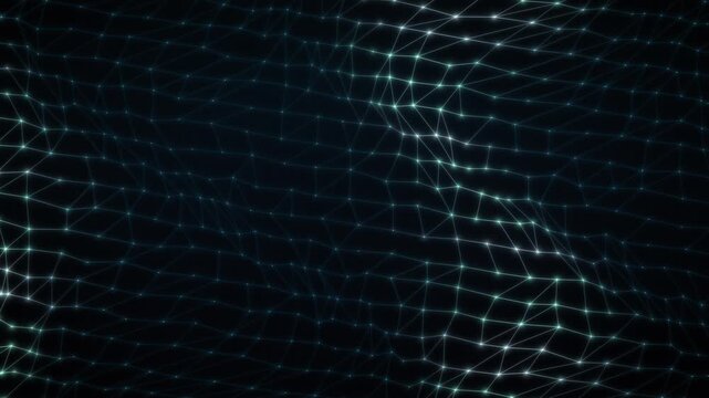 Glowing digital network mesh forming an abstract data grid