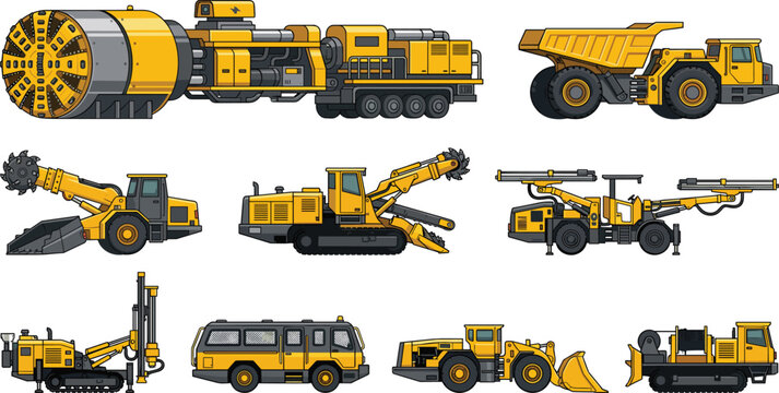Vector cartoon illustration set of heavy underground mining machinery featuring a tunnel boring machine dump truck roadheader drill rig and loaders