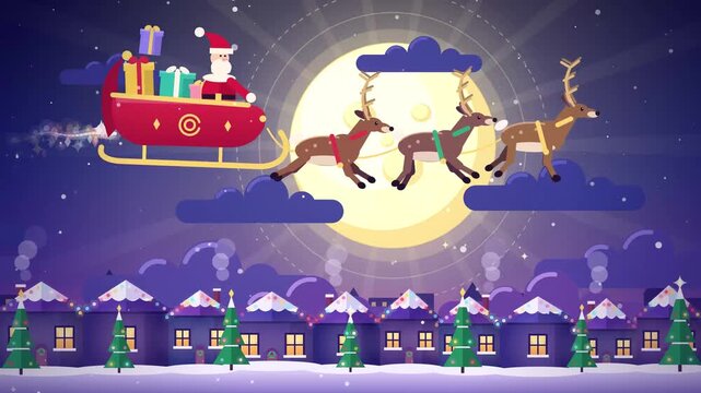 Santa Claus Flying in Sleigh with Reindeer over Snowy Village on Christmas Eve Night