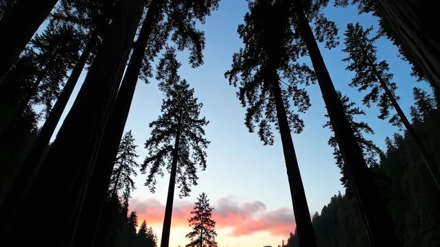 Looking upward between straight conifer trunks, a high forest canopy frames an open blue evening sky while coral clouds gather above the distant mountain notch and fading light near the horizon