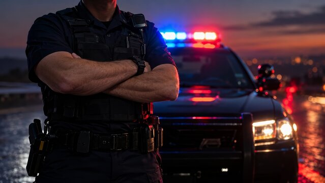 Police officer with crossed arms stands in front of a patrol SUV with flashing red and blue emergency lights on a wet road at dusk, highlighting crime prevention, public safety, and night patrol.