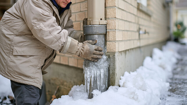 A homeowner wearing a beige winter parka and thick waterproof gloves examining ice buildup on a vertical downspout beside a pale brick house, gently touching the frozen pipe just