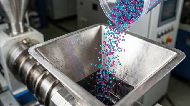 Polymer packaging masterbatch granules pouring into stainless steel extruder hopper for plastic compounding and UV stabilization processing, concept of industrial manufacturing and plastics production