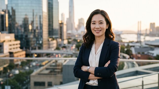 Professional woman confidently standing urban cityscape view.