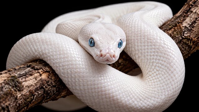 White leucistic ball python with blue eyes coiled on branch against black background