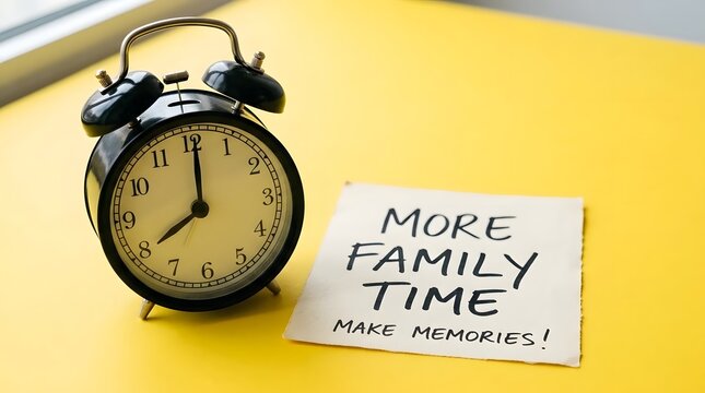 A classic black alarm clock with twin bells rests next to a torn paper note reading  MORE FAMILY TIME MAKE MEMORIES   on a vibrant yellow background