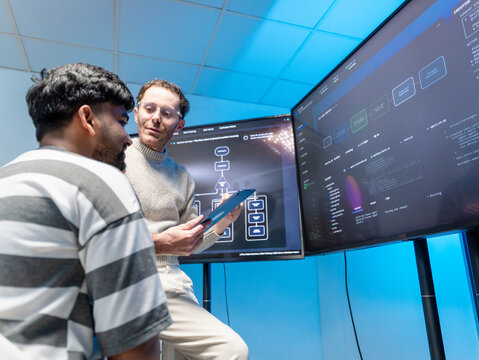 Software engineering use computer working develop AI office are assisting algorithm systems or verifying code. Programmer teamwork using artificial intelligence on laptop analysis or writing coding