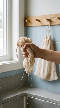 Wringing Water from a Reusable Mesh Produce Bag