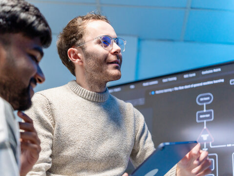 Software engineering use computer working develop AI office are assisting algorithm systems or verifying code. Programmer teamwork using artificial intelligence on laptop analysis or writing coding