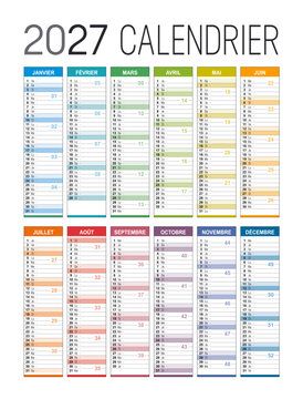 Calendrier Fran&ccedil;ais 2027 modifiable, vectoriel, &eacute;l&eacute;ments isol&eacute;s sur calques. Mod&egrave;le personnalisable pour bureau, France.
