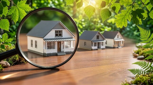 A magnifying glass focusing on a miniature house model on a wooden surface surrounded by green leaves, symbolizing real estate search, property inspection, and home buying.