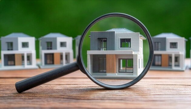 A black magnifying glass focusing on a modern miniature house model arranged in a row on a wooden surface, representing property market search, housing inspection, and buying.