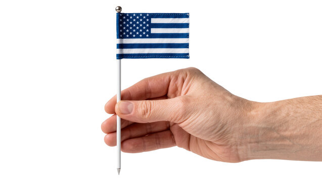 Hand holding a small American flag on a white plastic stick