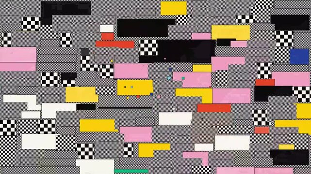 Glitch abstract retro background with colorful horizontal blocks and checkered patterns