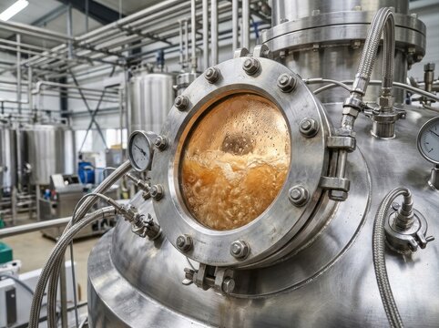 protein hydrolysis reactor Industrial stainless steel fermentation tank with visible fermenting liquid inside
