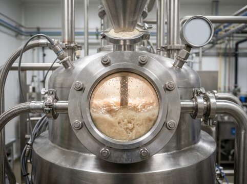 protein hydrolysis reactor Industrial stainless steel fermentation tank with visible brewing process inside
