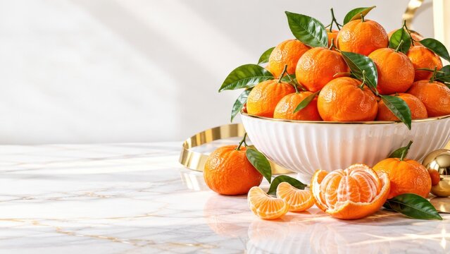 Fresh ripe mandarins with green leaves in elegant white bowl on marble table with copy space