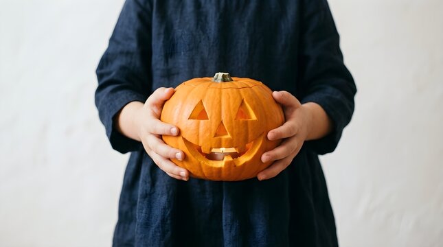 A child wearing a dark blue dress holds a carved jackolantern pumpkin with a lit candle inside, celebrating the halloween holiday season
