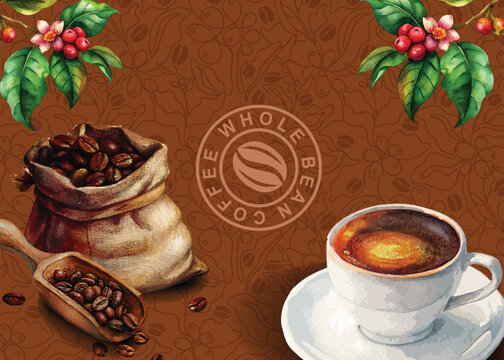 Vintage Coffee Illustration with Roasted Beans, Coffee Cup and Botanical Red Berries on Brown Patterned Background