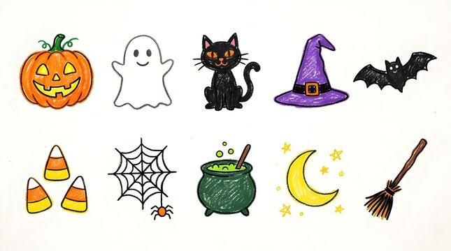 Halloween doodle illustrations set featuring pumpkin, ghost, black cat, witch hat, bat, candy corn, spiderweb, cauldron, crescent moon, and broomstick isolated on white background