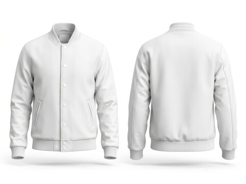 Front and back view of a blank white casual bomber jacket for men or women clothing design