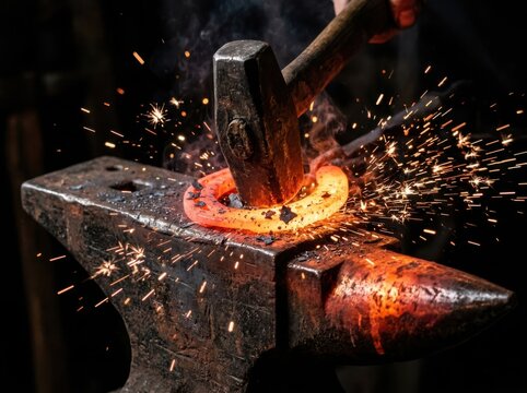 Fiery blacksmith forging glowing iron on an anvil with sparks flying