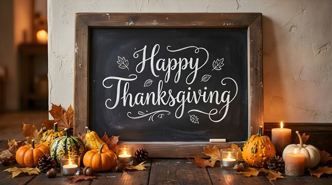 Festive thanksgiving chalkboard sign with pumpkins, autumn leaves, and glowing candles on a rustic wooden table, creating a warm and cozy holiday atmosphere