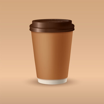 Takeaway Coffee Cup with Brown Paper Cup and Dark Lid. 3d Takeaway Coffee Cup for Cafe, Coffee Shop, Espresso and Hot Drinks. Takeaway Coffee Cup Vector for Disposable Beverage Packaging