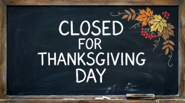Closed for thanksgiving day message written with chalk on blackboard frame decorated with autumn leaves and berries