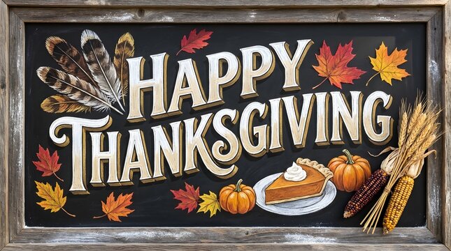 Chalkboard sign with happy thanksgiving text, decorated with autumn leaves, feathers, pumpkins, a slice of pumpkin pie, and corn stalks in a rustic wooden frame