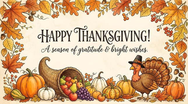 Happy thanksgiving greeting card with a cornucopia, pumpkins, and a cute turkey surrounded by autumn leaves and berries on a vintage paper background