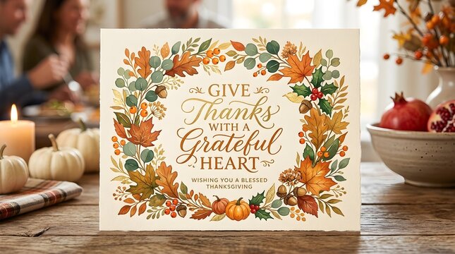 Thanksgiving greeting card with a beautiful watercolor wreath of autumn leaves, pumpkins, and acorns on a rustic wooden table with a blurred festive background