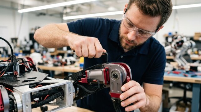 Man adjusting an aluminum knee joint actuator on an autonomous four-legged robot using a hex key wrench in a laboratory, concept of robotics development and mechanical engineering