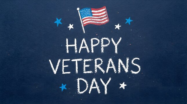 Happy veterans day text written on a dark blue chalkboard background with a small american flag illustration and decorative stars