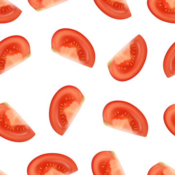 Tomato Seamless Pattern with 3d Red Tomato Slices. Tomato Seamless Pattern for Food Packaging, Fabric, Textile, Wallpaper. Tomato Seamless Pattern Vector, Vegetable Print