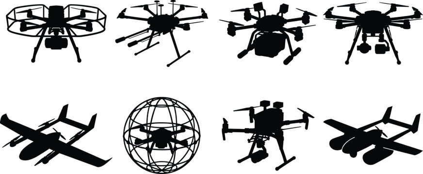 Industrial Inspection and Surveillance Drone Silhouette Set with Advanced UAV SystemsIndustrial Inspection and Surveillance Drone Silhouette Set with Advanced UAV Systems