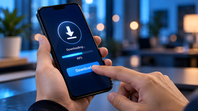 Person Tapping Download Button on Smartphone Screen