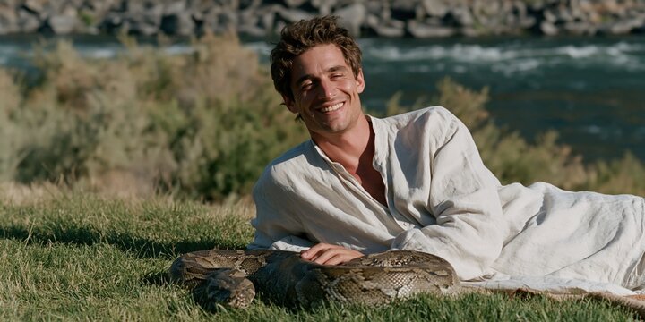 Man reclining on grass by a river with a large python for outdoor nature portrait and adventure background