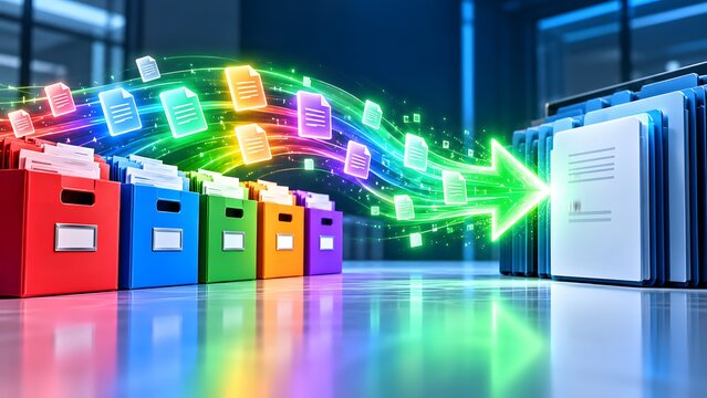 Document digitization and data migration concept with colorful archive boxes transforming paper files into organized digital folders