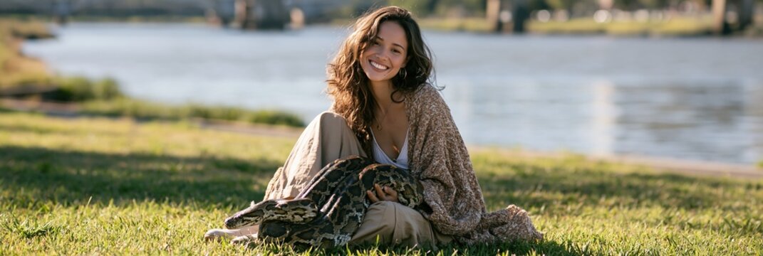 Smiling woman sitting on grass by a river with a python for outdoor portrait background and lifestyle banner