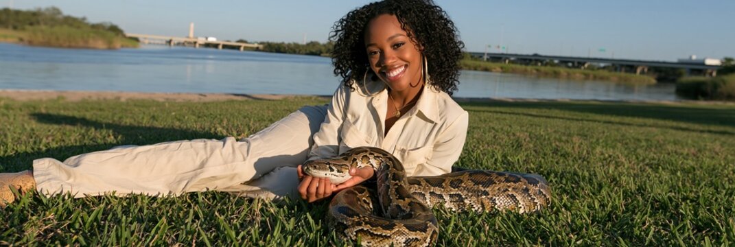 Woman reclining by a river with a large python on grass for wildlife portrait banner background and nature education scene