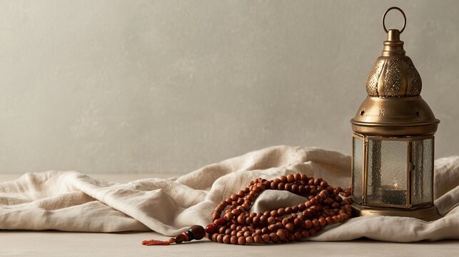 Ramadan concept, wooden prayer beads on beige linen beside small brass lantern, copy space