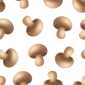 Champignon Seamless Pattern with 3d Beige Button Mushrooms. Champignon Seamless Pattern for Food Packaging, Fabric and Textile. Champignon Seamless Pattern Vector with Edible Mushrooms and Food Print