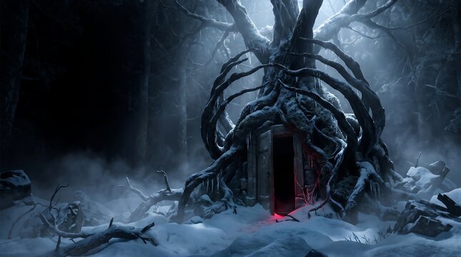 Snow Horror Winter Background Featuring a Cursed Frozen Doorway Entangled in Twisted Roots and Crimson Light